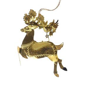 Vintage Gold-Toned Brass Metal Reindeer Ornament 3D Steampunk Detailing 3"